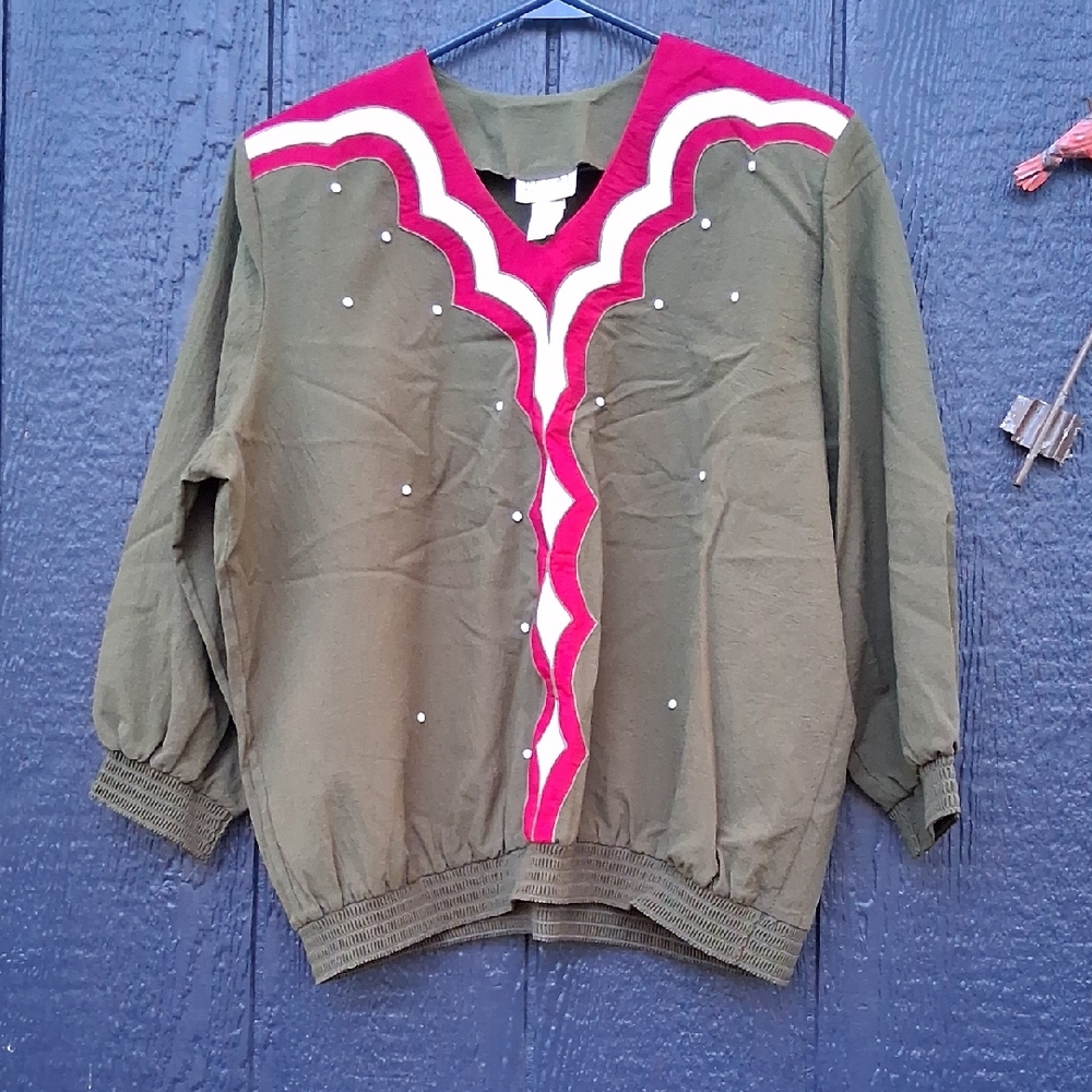 Olive Green and Red Women's Top